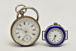 A LADYS POCKET WATCH AND AN ENAMEL WATCH, the key wound, open face pocket watch, Roman numerals,
