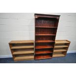 A TALL SLIM STAINED PINE OPEN BOOKCASE, with five fixed shelves, width 82cm x depth 28cm x height