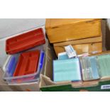TWO BOXES OF MICROSCOPE SLIDE ACCESSORIES ETC, to include microscope slide boxes, unused glass