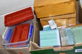 TWO BOXES OF MICROSCOPE SLIDE ACCESSORIES ETC, to include microscope slide boxes, unused glass