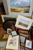 A BOX OF PAINTINGS AND PRINTS ETC, to include J. Cotsworth still life study of flowers signed and