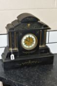 TWO CLOCKS, comprising a Victorian black slate mantel clock of architectural form, chapter ring