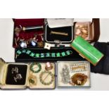 A BOX OF ASSORTED COSTUME JEWELLERY, to include a cased pair of Wedgwood cufflinks, stamped '