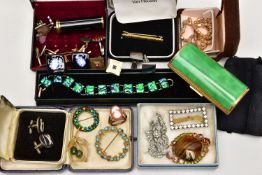 A BOX OF ASSORTED COSTUME JEWELLERY, to include a cased pair of Wedgwood cufflinks, stamped '