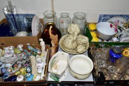 FOUR BOXES AND LOOSE CERAMICS AND GLASS ETC, to include a splatter glass vase, gift ware items