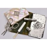 A BAG OF LATE VICTORIAN AND EARLY 20TH CENTURY SILVER SEWING ACCESSORIES AND OTHER ITEMS, comprising