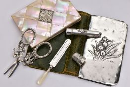 A BAG OF LATE VICTORIAN AND EARLY 20TH CENTURY SILVER SEWING ACCESSORIES AND OTHER ITEMS, comprising