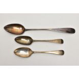 A GEORGE III SILVER BASTING SPOON AND A PAIR OF GEORGE III OLD ENGLISH PATTERN TABLESPOONS, all