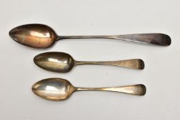 A GEORGE III SILVER BASTING SPOON AND A PAIR OF GEORGE III OLD ENGLISH PATTERN TABLESPOONS, all