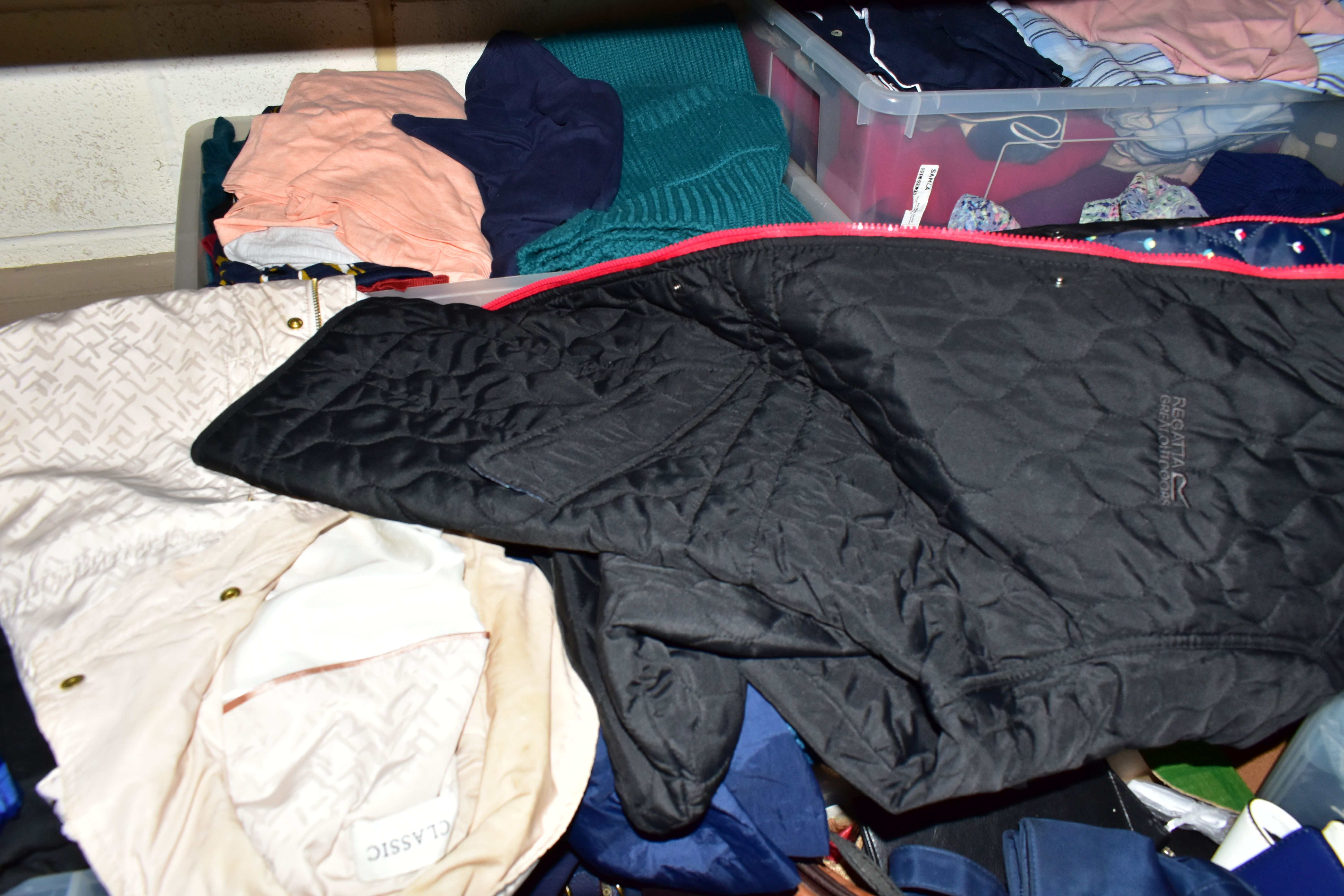 EIGHT BOXES OF LADIES CLOTHING AND ACCESSORIES ETC, to include jumpers, blouses, trousers, scarfs, - Image 5 of 6