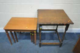 A 20TH CENTURY OAK OCCASIONAL TABLE, 60cm squared x height 73cm, and a nest of three tables (