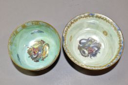 TWO WEDGWOOD BONE CHINA BOWLS, comprising a bowl with a blue mottled lustre exterior with a mother