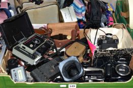 TWO TRAYS CONTAINING CAMERAS AND PHOTOGRAPHIC EQUIPMENT, including a Canon EOS 1100D Digital SLR,