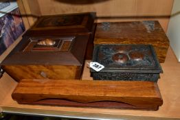 TWO VICTORIAN WRITING BOXES AND A TEA CADDY, comprising an inlay jewellery box with green velvet