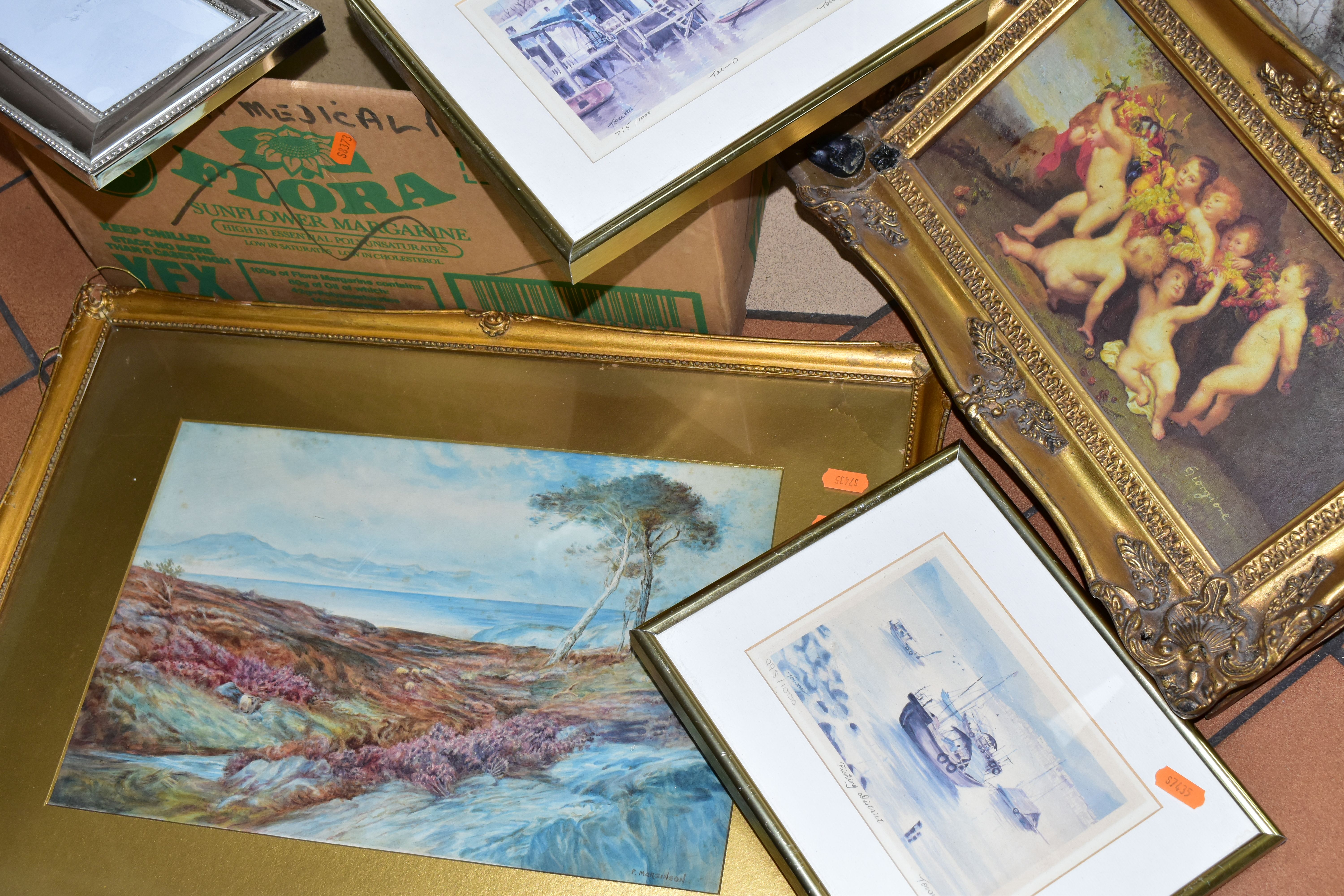 A BOX AND LOOSE PAINTINGS AND PRINTS ETC, to include two early 20th Century landscape watercolours - Image 3 of 5