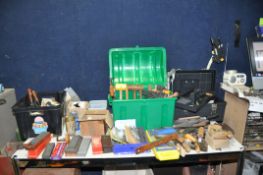 TWO BOX AND A TOOLBOX CONTAINING TOOLS including trowels, sharpening stones, mallets, hack saws,