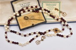 A CULTURED PEARL AND GARNET BEAD NECKLACE AND A PAIR OF EARRINGS, the necklace alternating between