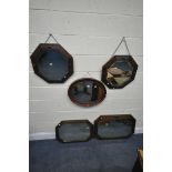 FIVE VARIOUS WALL MIRRORS, comprising four sized oak octagonal wall mirrors, largest 80cm x 52cm,