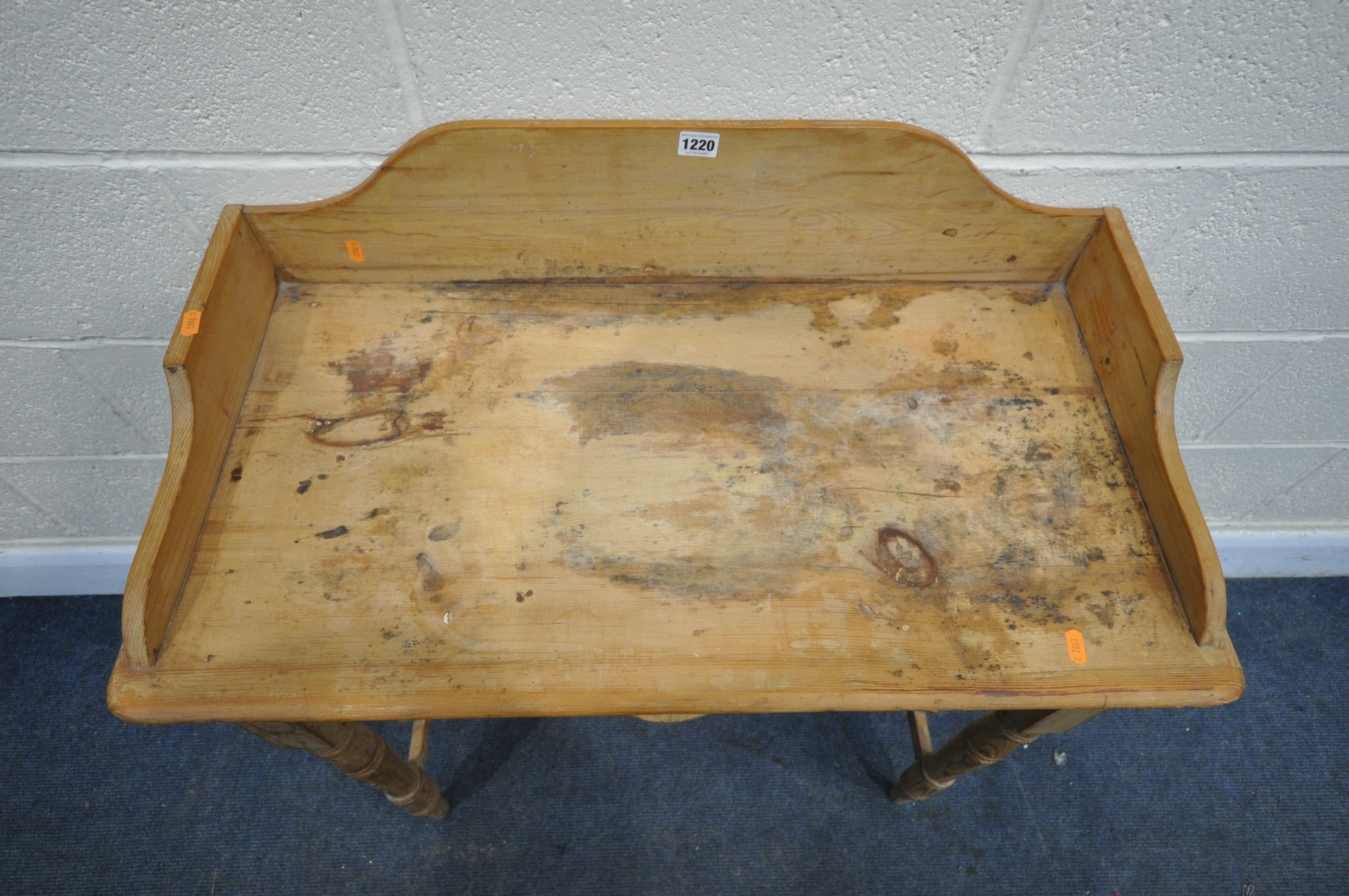A VICTORIAN PINE WASHSTAND, with a raised back, on block and turned legs, united by an undershelf, - Image 2 of 3