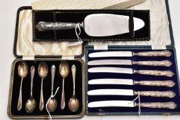 A CASED SET OF SIX GEORGE V SILVER COFFEE SPOONS, A CASED SET OF SIX SILVER KINGS PATTERN TEA KNIVES