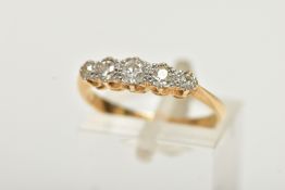 A YELLOW METAL FIVE STONE DIAMOND RING, set with five graduated old cut diamonds, estimated total