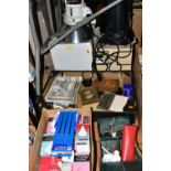 THREE BOXES OF STUDIO LIGHTS AND VINTAGE PHOTOGRAPHIC EQUIPMENT, to include a boxed pair of