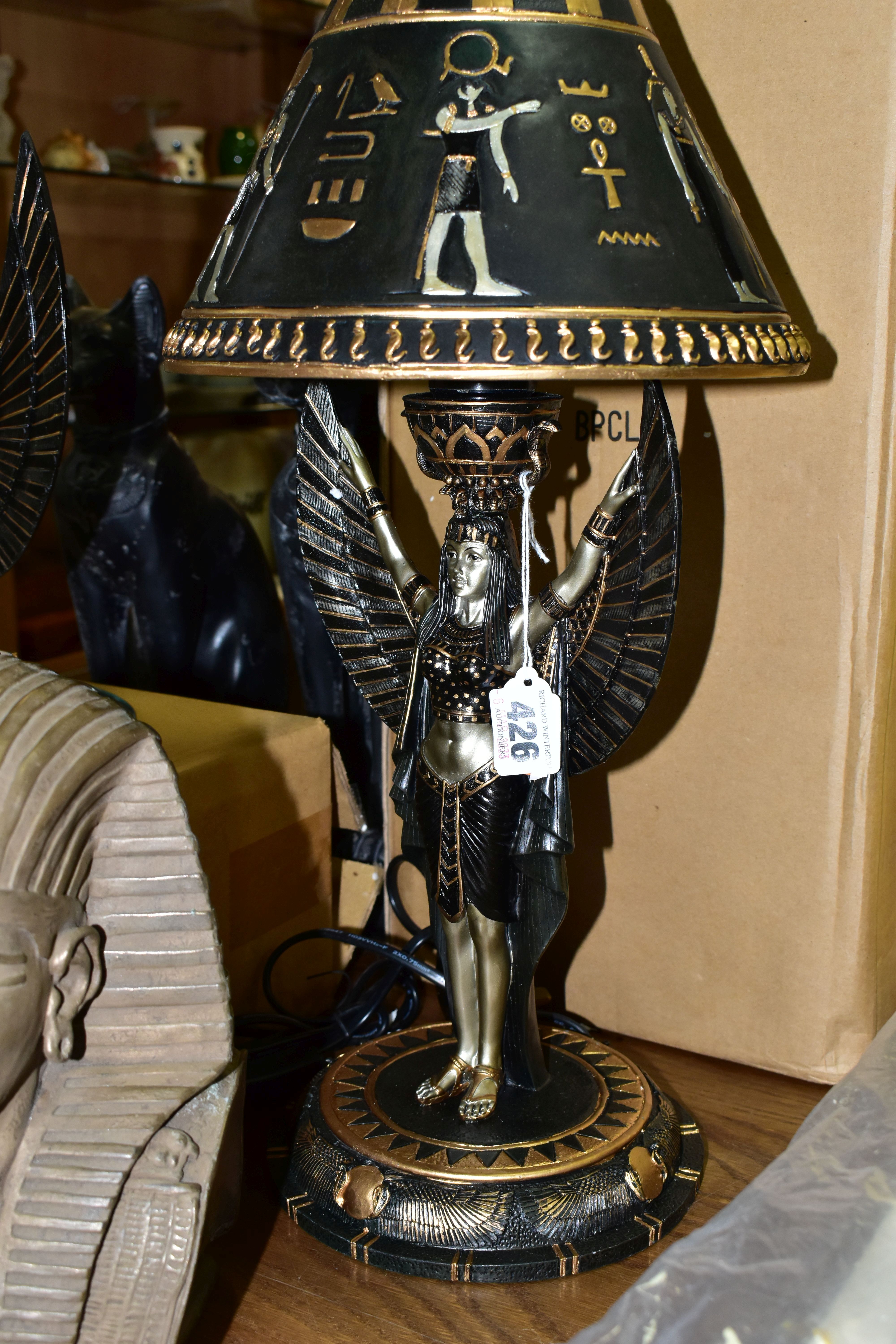 A GROUP OF EGYPTIAN THEMED HOMEWARES, comprising a boxed resin figure of a kneeling woman wearing - Image 3 of 5