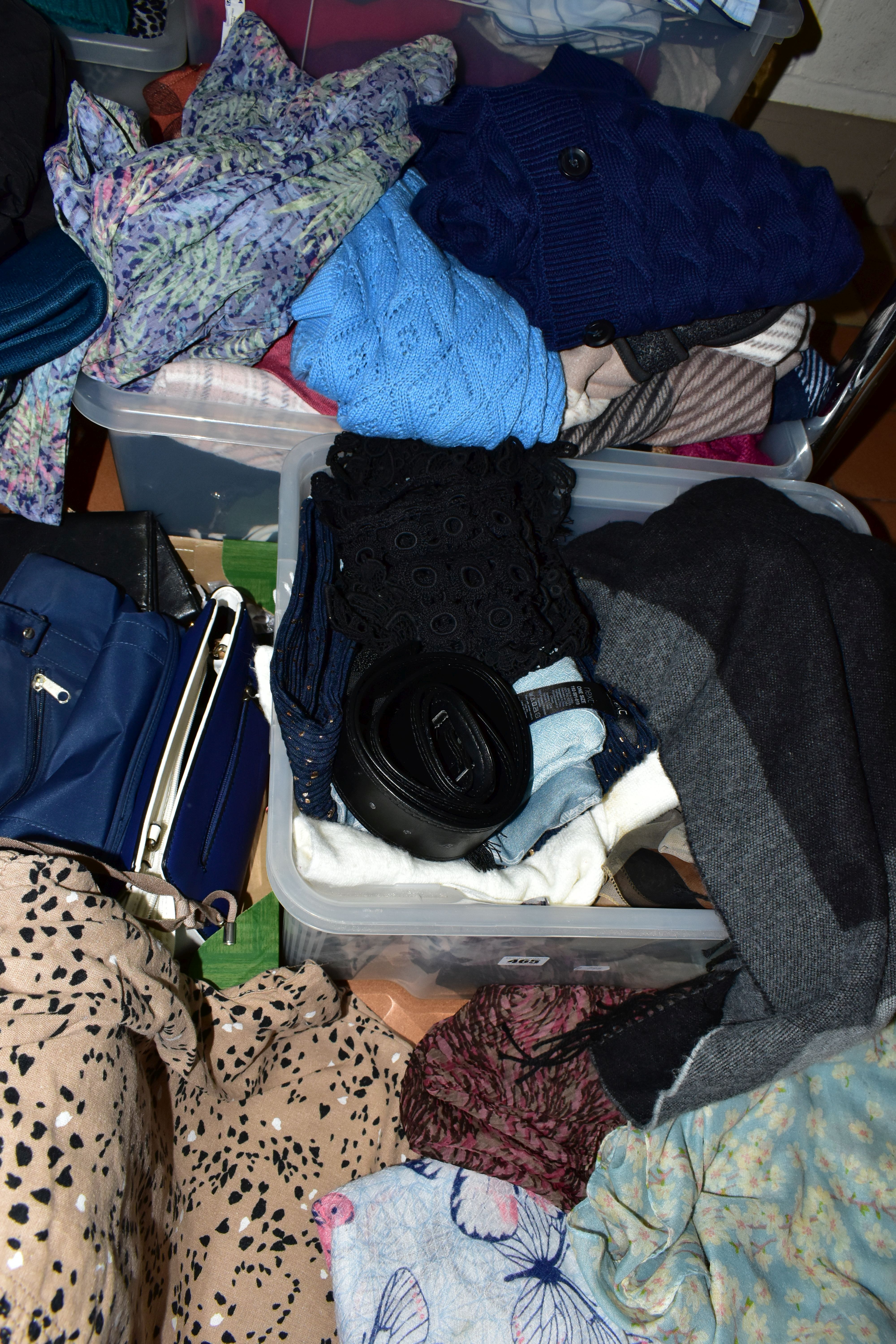 EIGHT BOXES OF LADIES CLOTHING AND ACCESSORIES ETC, to include jumpers, blouses, trousers, scarfs, - Image 2 of 6