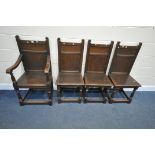 A SET OF FOUR LATE 20TH CENTURY OAK CHAIRS, including one carver, with panelled backs, on block
