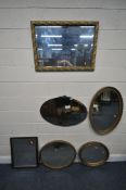 A SELECTION OF VARIOUS MIRRORS, comprising an art deco oval bevelled edge mirror, 75cm x 56cm, a