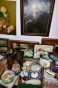 THREE BOXES OF CERAMICS, COLLECTOR'S PLATES AND MIRRORS, to include three vintage wall mirrors,