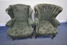 A GEORGIAN STYLE WING BACK ARMCHAIR, with a bow top, on ball and claw feet, along with a Georgian