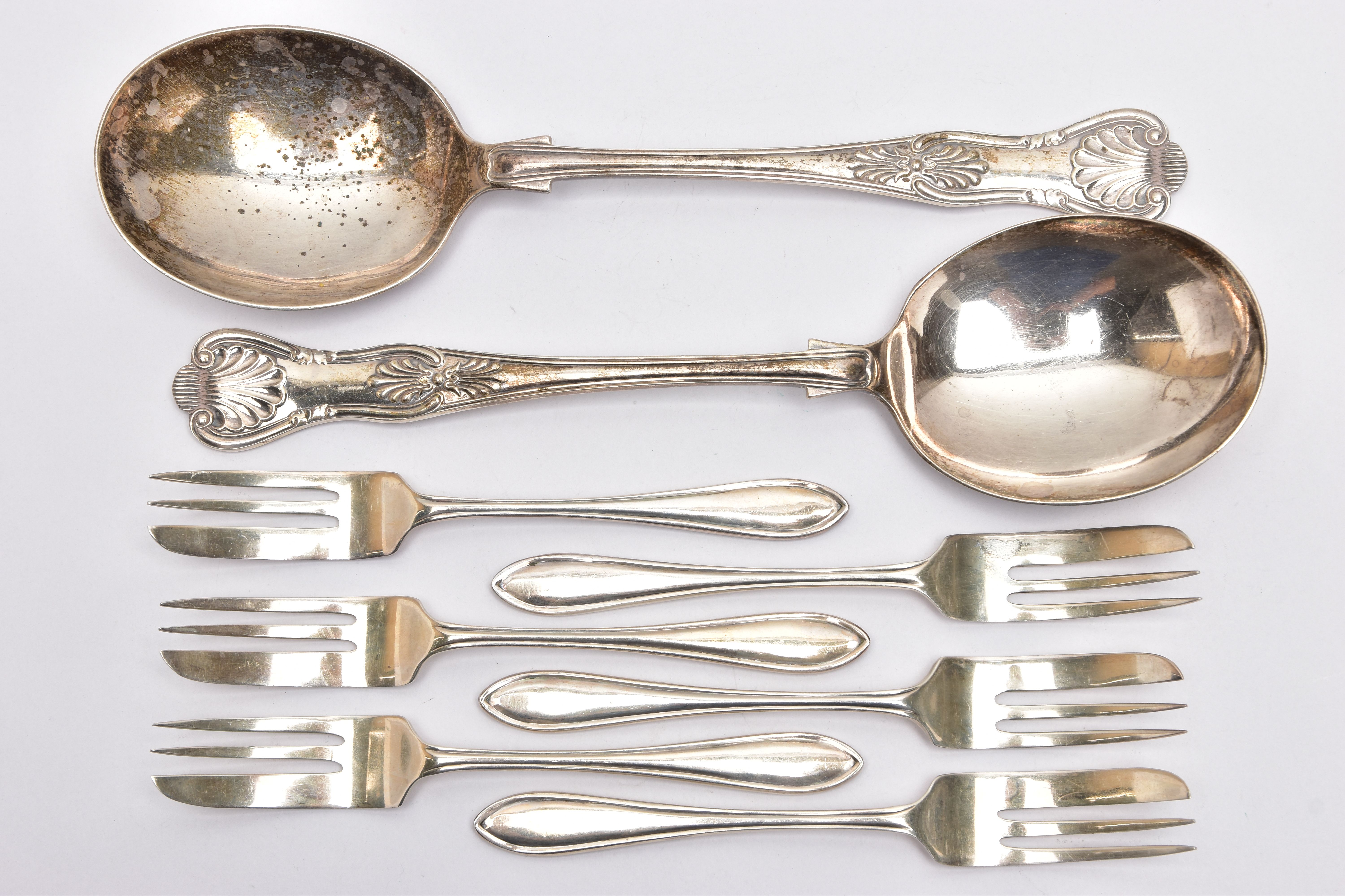 A PAIR OF ELIZABETH II SILVER KINGS PATTERN SERVING SPOONS OF OVERSIZED SOUP SPOON FORM, makers J