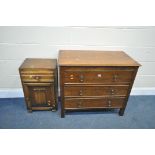 A 20TH CENTURY OAK CHEST OF THREE LONG DRAWERS, length 91cm x depth 49cm x height 78cm, along with