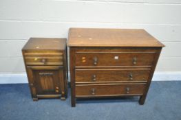 A 20TH CENTURY OAK CHEST OF THREE LONG DRAWERS, length 91cm x depth 49cm x height 78cm, along with