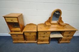A SELECTION OF PINE BEDROOM FURNITURE, to include a dressing table, with two banks of three drawers,