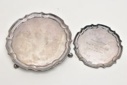 AN ELIZABETH II SILVER SALVER AND AN ELIZABETH II SILVER WAITER, both pieces with pie crust edge and