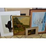 FIVE PAINTINGS AND PRINTS, COMPRISING AN UNSIGNED STILL LIFE FRUIT STUDY IN THE STYLE OF VINCENT AND