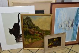 FIVE PAINTINGS AND PRINTS, COMPRISING AN UNSIGNED STILL LIFE FRUIT STUDY IN THE STYLE OF VINCENT AND
