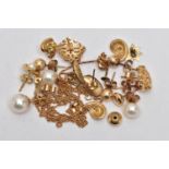 AN ASSORTMENT OF 9CT GOLD AND YELLOW METAL JEWELLERY, to include a pair of 9ct gold earrings,