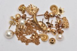 AN ASSORTMENT OF 9CT GOLD AND YELLOW METAL JEWELLERY, to include a pair of 9ct gold earrings,