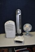 AN EBAC DEHUMIDIFIER, a NSCessity Tower Fan, an AirMate Table fan and a Dimplex Heater (All PAT pass