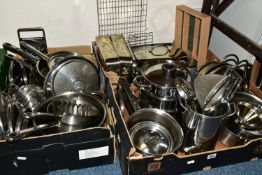 THREE BOXES OF STAINLESS STEEL AND OTHER METAL COOKWARES, to include saucepans, steamer, roasting