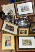 A BOX OF FRAMED BAXTER PRINTS AND PLATED WARES, comprising seven framed and glazed Baxter prints,