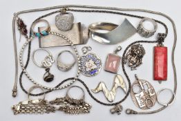 A BAG OF ASSORTED WHITE METAL JEWELLERY, to include a large twist pendant stamped 925, a rose quartz