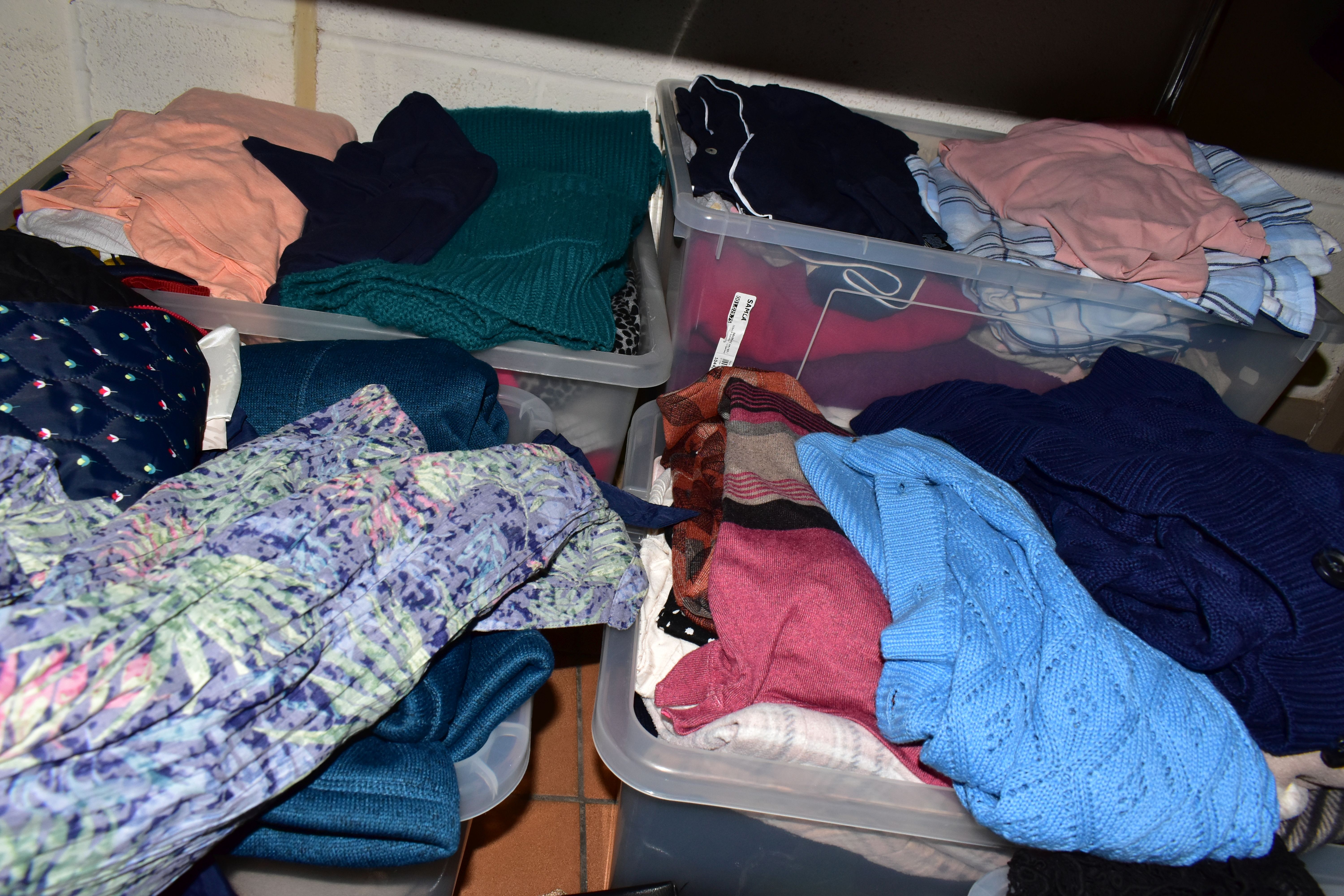 EIGHT BOXES OF LADIES CLOTHING AND ACCESSORIES ETC, to include jumpers, blouses, trousers, scarfs, - Image 6 of 6