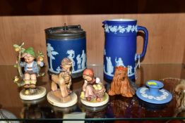 A COLLECTION OF CERAMICS, comprising a Wedgwood Blue Jasperware jug, height 19cm, and biscuit barrel