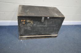 A BLACK PAINTED PINE TOOL CHEST, with a hinged lid, and twin handles, length 92cm x depth 50cm x