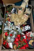TWO BOXES AND LOOSE CHRISTMAS DECORATIONS, to include door wreaths, tree decorations, tinsel,