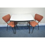 A RECTANGULAR FORMICA TOP TABLE, length 91cm x depth 61cm x height 76cm, along with a pair of chairs